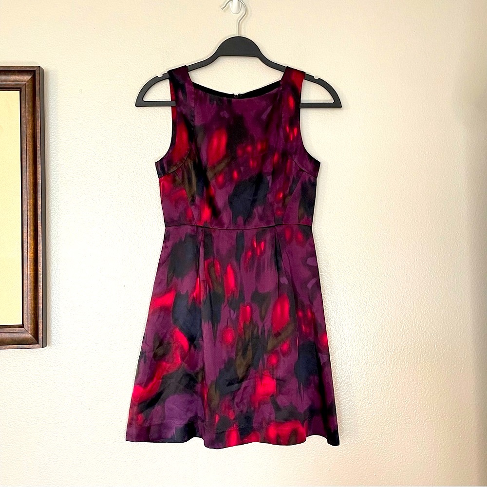 Theory Silk Red & Purple Watercolor Sleeveless Dress Size 0